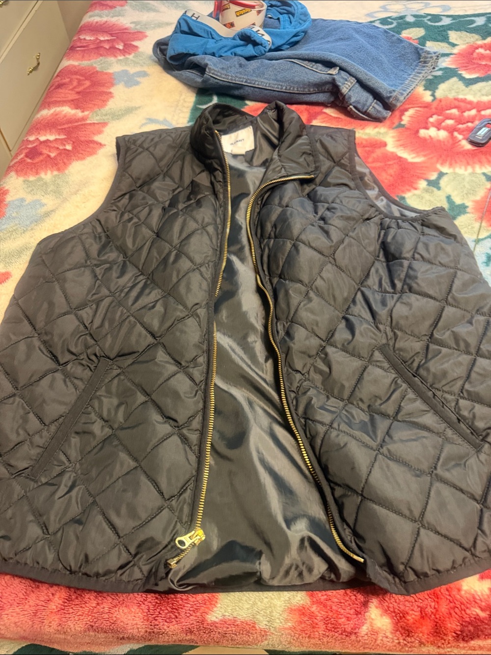 Old Navy Black Quilted Vest with Gold Zipper Trim